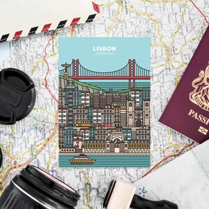 May include: A travel-themed image featuring a postcard with the text "LISBON PORTUGAL" and an illustration of a bridge and city skyline. A passport, map, and camera lens are also visible.