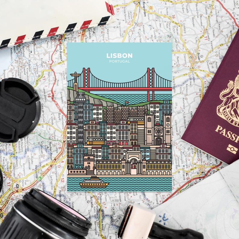 May include: A travel-themed image featuring a postcard with the text "LISBON PORTUGAL" and an illustration of a bridge and city skyline. A passport, map, and camera lens are also visible.