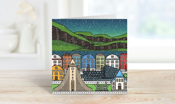 Reykjavik Iceland Snowy Northern Lights Square Greeting Card