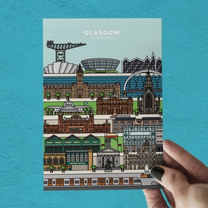 May include: A colorful illustration of the Glasgow skyline, featuring iconic landmarks like the Glasgow Science Centre, the SECC, and the Glasgow Cathedral. The illustration is in a cartoon style and includes details like trees, water, and a train.