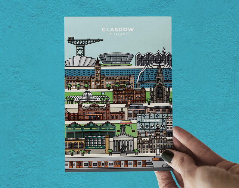 May include: A colorful illustration of the Glasgow skyline, featuring iconic landmarks like the Glasgow Science Centre, the SECC, and the Glasgow Cathedral. The illustration is in a cartoon style and includes details like trees, water, and a train.