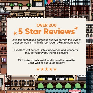 Op de afbeelding: Een kleurrijke print met een stadsgezicht met gebouwen, een brug en een trein. De print bevat de tekst "OVER 200 5 Star Reviews". Het kunstwerk is een decoratief stuk.