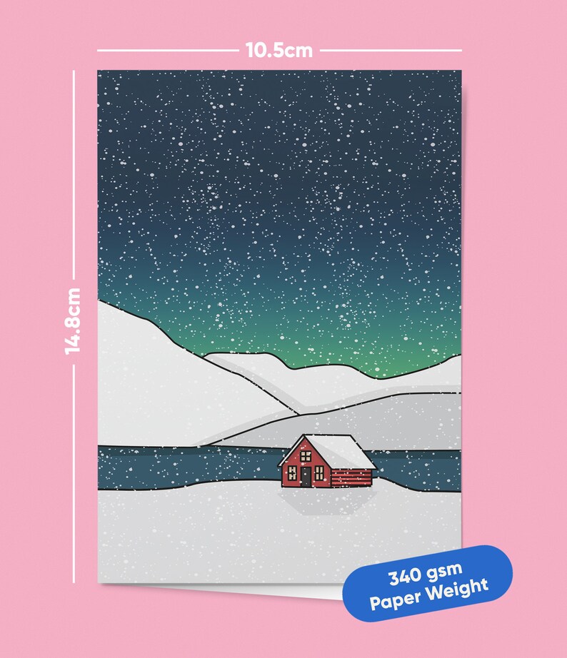 May include: A winter landscape illustration featuring a red cabin nestled in a snowy scene under a starry night sky. The print measures 10.5cm wide and 14.8cm tall. The paper weight is 340 gsm.