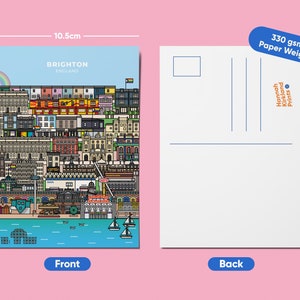 May include: A postcard featuring a colourful illustration of the Brighton skyline in England. The postcard is 10.5 cm wide and 14.8 cm tall and is printed on 330 gsm paper.