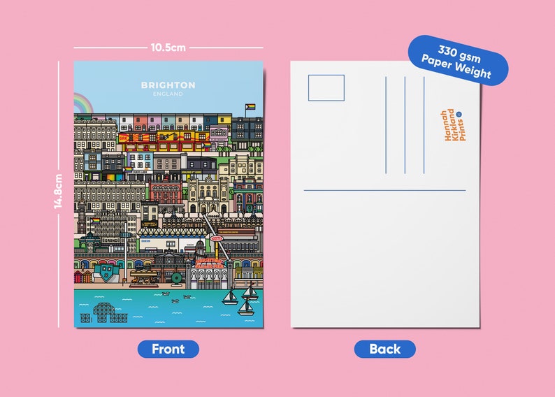 May include: A postcard featuring a colourful illustration of the Brighton skyline in England. The postcard is 10.5 cm wide and 14.8 cm tall and is printed on 330 gsm paper.