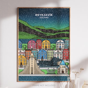 Póster de la aurora boreal nevada de Reikiavik, Islandia imagen 1