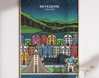 Reykjavik Iceland Snowy Northern Lights Poster Print