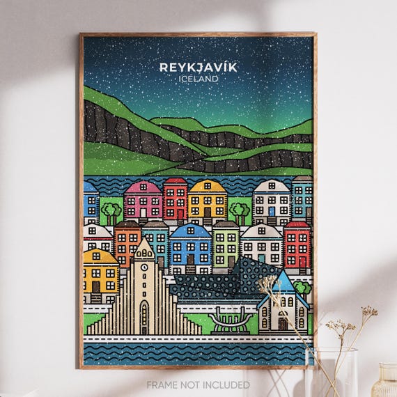 Reykjavik Iceland Snowy Northern Lights Poster Print