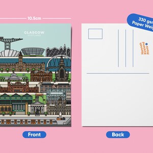 May include: A postcard featuring a colorful illustration of the Glasgow skyline. The postcard is 10.5 cm wide and 14.8 cm tall. The text "GLASGOW SCOTLAND" is printed on the front of the postcard.