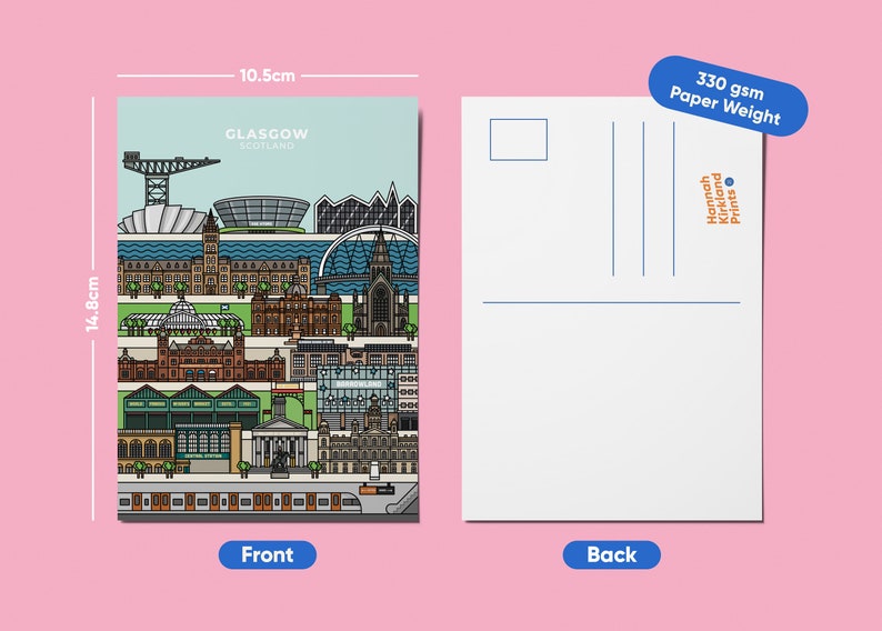 May include: A postcard featuring a colorful illustration of the Glasgow skyline. The postcard is 10.5 cm wide and 14.8 cm tall. The text "GLASGOW SCOTLAND" is printed on the front of the postcard.