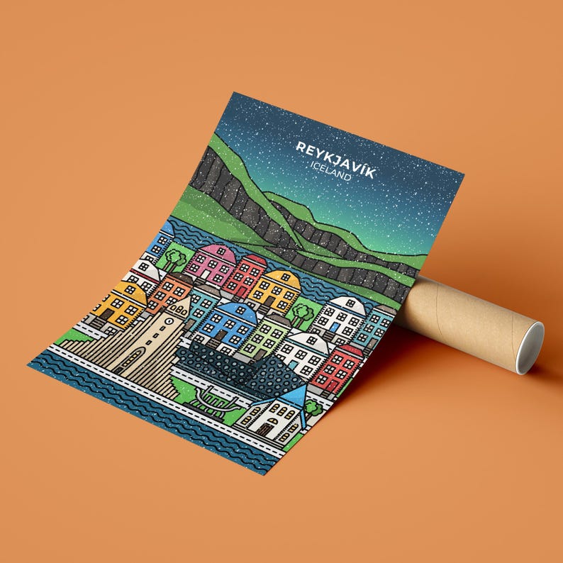 Póster de la aurora boreal nevada de Reikiavik, Islandia imagen 5