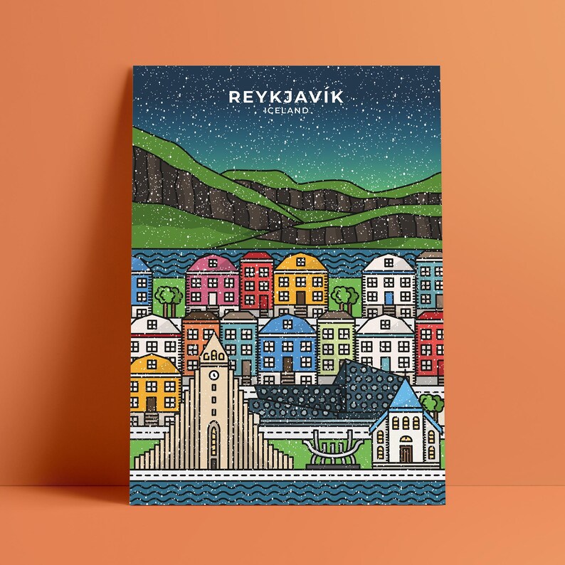Póster de la aurora boreal nevada de Reikiavik, Islandia imagen 2