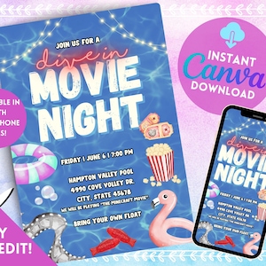 Op de afbeelding: Blauwe filmnachtuitnodiging met de tekst "Dive in Movie Night". Bevat een roze flamingo, popcorn en een smartphone met de uitnodiging. Beschikbaar in 5x7 en telefoonformaten.