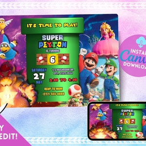 Super Mario Birthday Invitation, Mario Party, Invitation Template,  Canva,  Birthday Invitation, Editable, Electronic Invitation