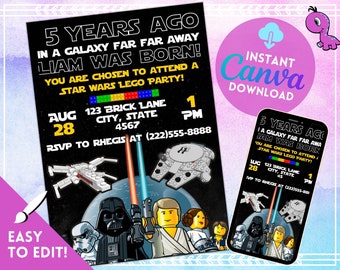 Puede incluir: Una invitación a una fiesta de cumpleaños con temática de Star Wars con un fondo negro y personajes de Lego coloridos. La invitación presenta una ilustración en blanco y negro de Darth Vader, Luke Skywalker, la princesa Leia y un Stormtrooper. El texto de la invitación dice: "5 Years Ago In A Galaxy Far Far Away Liam Was Born! You Are Chosen To Attend A Star Wars Lego Party! Aug 28 123 Brick Lane City, State 4567 1 PM RSVP To Rhegis At (222) 555-8888".