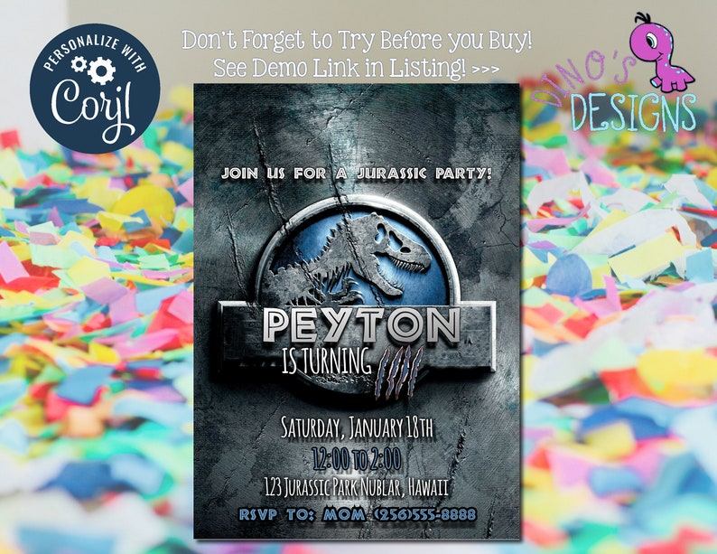Jurassic World Birthday Invitation EDITABLE Electronic and Etsy