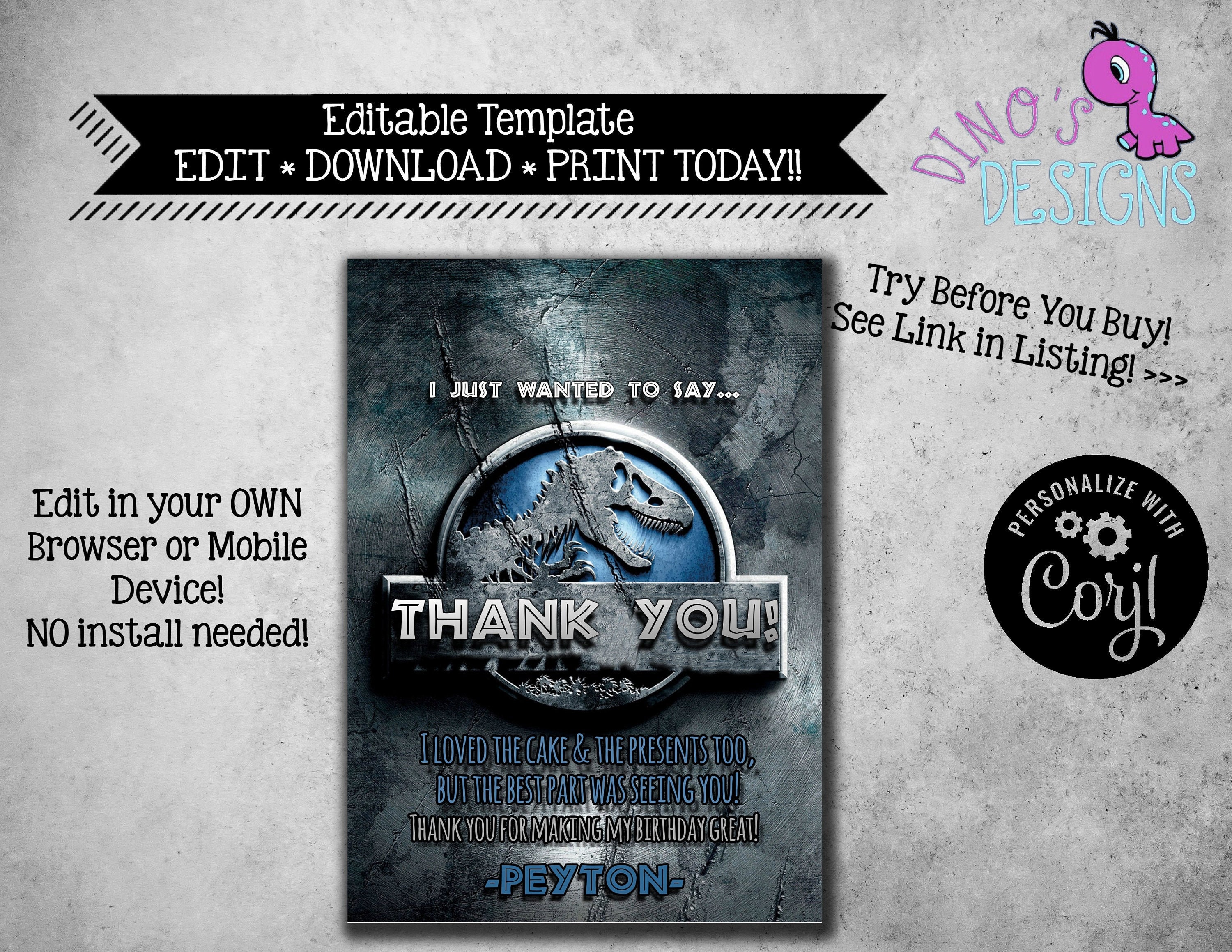 Jurassic Birthday Thank You EDITABLE Electronic and Printable - Etsy