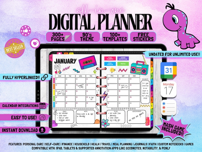 90s Theme Digital Planner: All-in-one, Undated (PDF) - Etsy