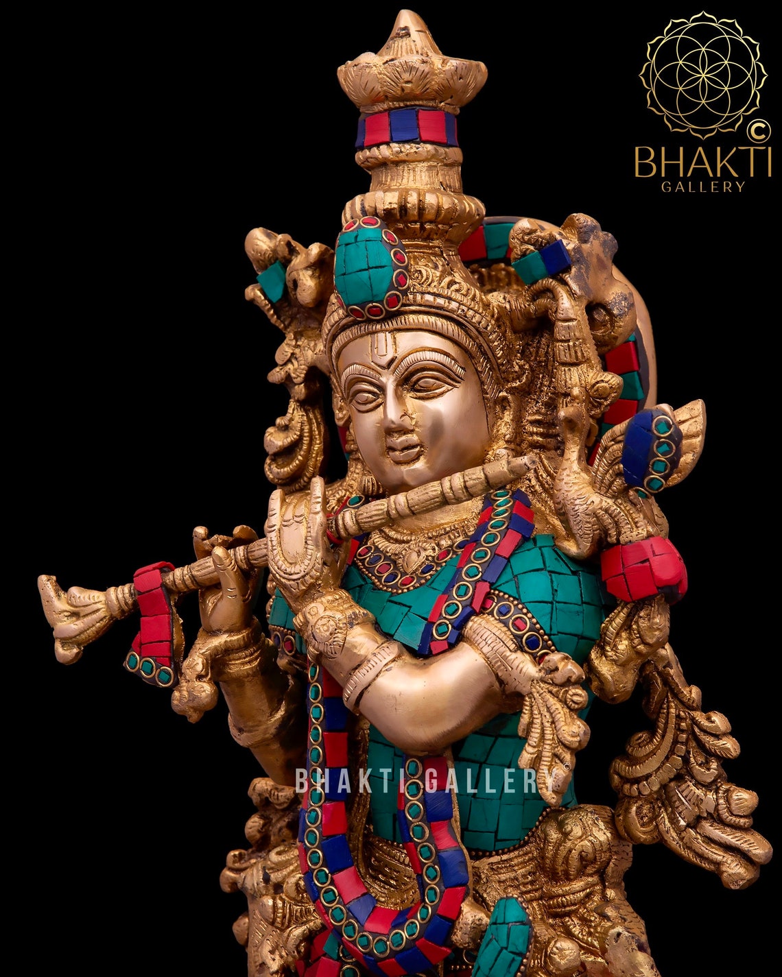 Brass Krishna Statue Large with Mosaic Stonework 21 Inch Big Etsy