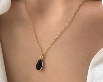Black Onyx Protection Necklace, Layered Onyx Minimalist Jewelry, Teardrop Gemstone Pendant