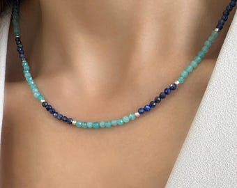 Lapis Lazuli and Amazonite Seed Bead Necklace, Amazonite Crystal Jewelry, Gemstone Summer Choker, 925 Silver