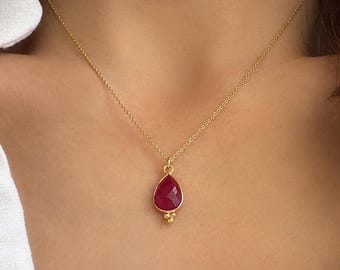 Ruby July Birthstone Necklace, Cancer Zodiac Jewelry gifts, Gemstone Drop Pendant, 925 Silver chain