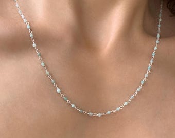 Green Amazonite Minimalist Necklace, Rosary gemstone Choker, Silver 925