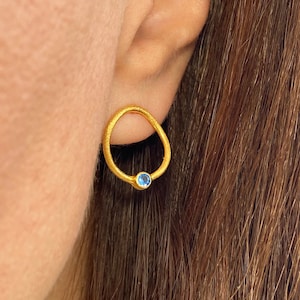 Sapphire gold studs, Simple hoop earrings, Chunky gold hoops, Minimalist earrings,Blue sapphire studs,September Birthstone Sapphire earrings image 1