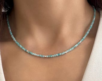 Seed Bead Choker necklace with green amazonite gemstone, Raw crystal choker, Amazonite Minimalist jewelry for birthday gifts for her
