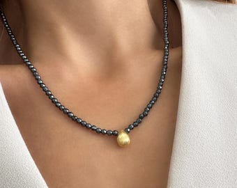 Hematite beaded Choker, Gold Drop Pendant, Minimalist Gemstone jewelry for Good Luck, 925 Silver