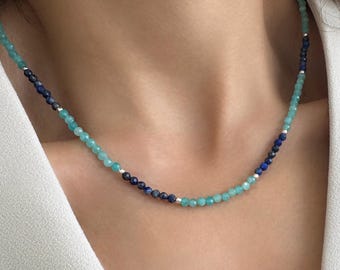 Blue Lapis Lazuli and Amazonite Seed Bead Choker Necklace, Green Amazonite Crystal Jewelry for birthday gifts