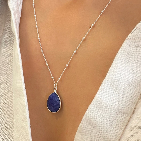 Raw Blue Sapphire Necklace, Birthday gift, Real Blue Sapphire Jewelry, raw gemstone necklace, virgo gifts, libra gifts, satellite necklace