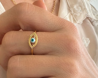 Klobiger Goldring, Gold-Evil-Eye-Ring, Glücksring, Chevalier-Ring, griechischer Evil-Eye-Ring, Lucky-Eye-Ring, verstellbarer Ring, minimalistischer Ring