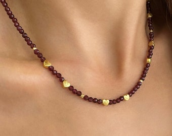 Red garnet choker with tiny hearts, January Birthstone Choker, Zodiac Gemstone Necklace, 925 Silver