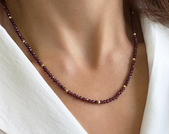 January Birthstone Garnet Necklace, Seed Bead Minimalist Choker, Zodiac Jewelry, Silver 925