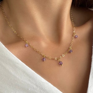 本物のアメジストチョーカーネックレス、繊細なクリスタルネックレス、シルバー925チョーカー、ミニマリストジュエリー、レイヤードネックレス