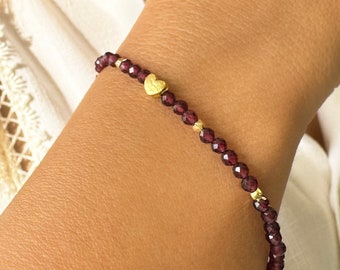 Garnet Birthstone Bracelet with Tiny gold Heart, Trendy red gemstone jewelry for zodiac gifts, Silver 925