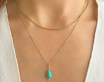 Stacking necklace, Turquoise Drop Gem Necklace, Turquoise necklace, Gold Rope Chain Necklace, Turquoise pendant layered necklace