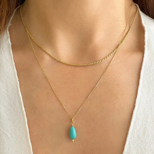 Collier d'empilage, collier Turquoise Drop Gem, collier Turquoise, collier de chaîne de corde d'or, collier en couches pendentif Turquoise