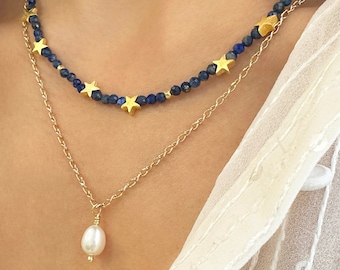 Real pearl necklace, Lapis lazuli choker, Seed bead choker, Tiny stars necklace, Layered necklaces, Stackable necklace, Pearl drop pendant