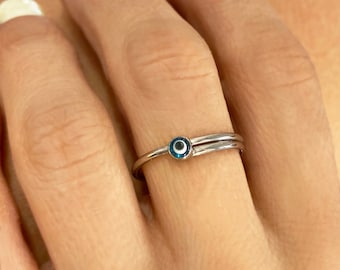 Good Luck blauen Auge Ring, verstellbare Minimalist Ring, Stapelringe, zierliche Augenring, Silber böse Auge Ring