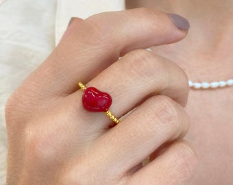 Red heart ring, Red enamel ring, Romantic ring, Adjustable Ring, Chunky Heart Ring, Wedding Ring, Dainty heart Ring, Minimalist Ring