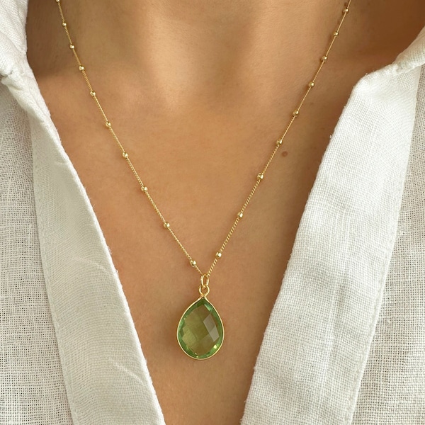 Raw Peridot Necklace, Peridot Crystal Necklace, birthday gifts, Satellite chain, Green stone necklace, Real Peridot Pendant