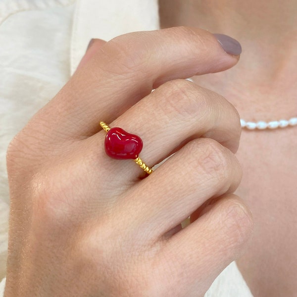 Red heart ring, Red enamel ring, Romantic ring, Adjustable Ring, Chunky Heart Ring, Wedding Ring, Dainty heart Ring, Minimalist Ring