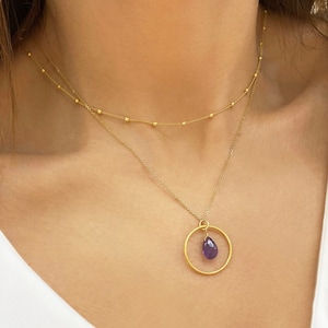 Gestapelte Halskette, Amethyst-Halskette, roher Amethyst-Anhänger, Set mit 2 Halsketten, Februar-Edelstein, minimalistische Halskette, Geburtsstein-Halskette