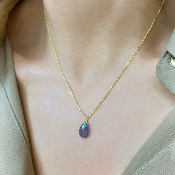 Raw Blue Sapphire Necklace, Good Vibes Necklace, Birthstone Necklace, Purple blue sapphire crystal necklace,  gemstone Teardrop Necklace,