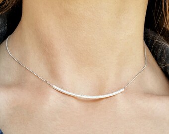 Dainty Curved Balance Bar Tube Necklace Sterling Silver
