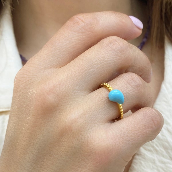 Klobiger Goldring, blauer Emaille-Ring, winziger Tropfenring, Wassertropfenring, blauer Tropfenring, Chevalier-Ring, verstellbarer Ring, minimalistischer Ring
