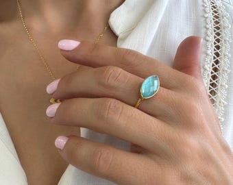 Aquamarine Gemstone Ring, Chunky Gold Jewelry, Adjustable size, Silver 925