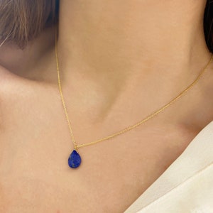 Raw Blue lapis lazuli necklace, Minimalist teardrop gemstone jewelry, Silver 925 chain
